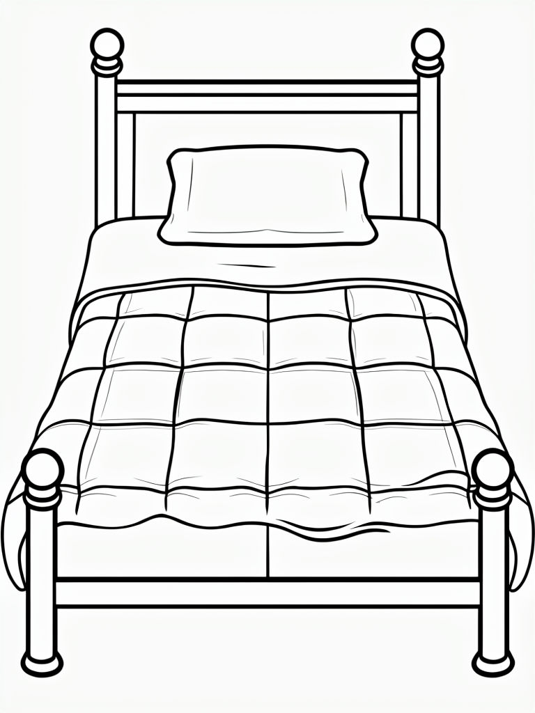 Minimalistic Line Drawing of a Single Bed for Coloring Book Pages