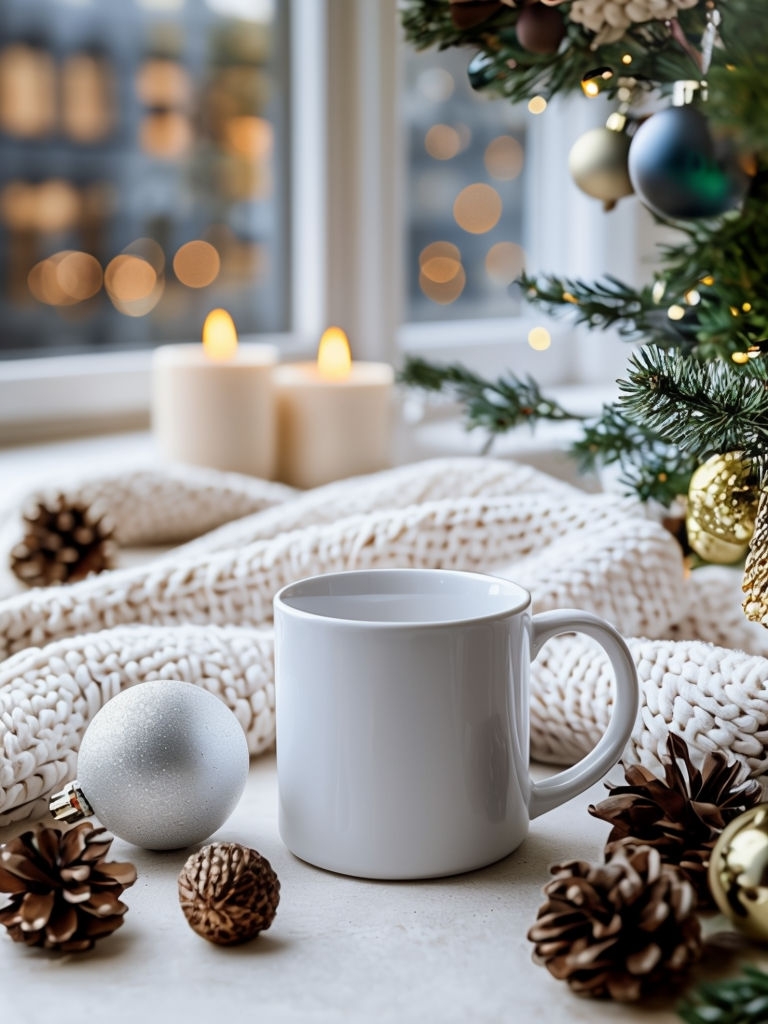 Cozy Christmas Mug with Decorations and Warm Candlelight Mockup