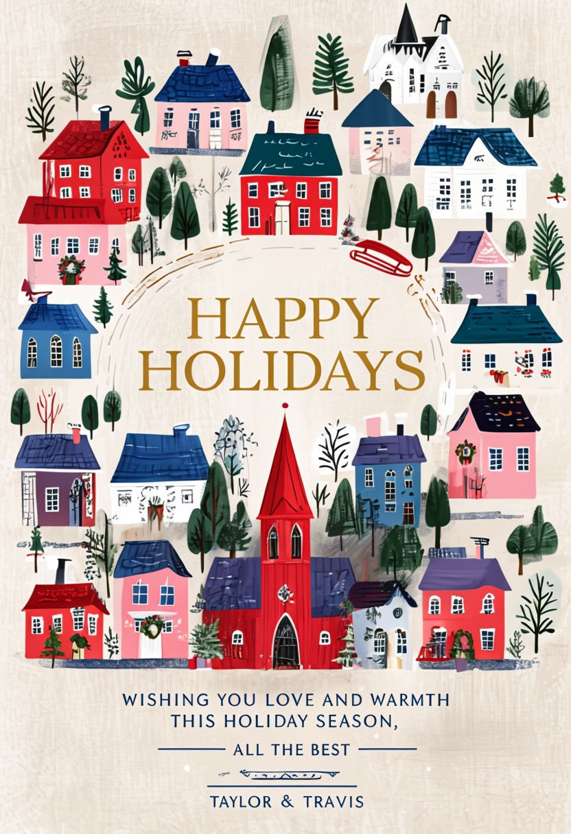 Cheerful Hand-drawn Holiday Village Scene Greeting Card