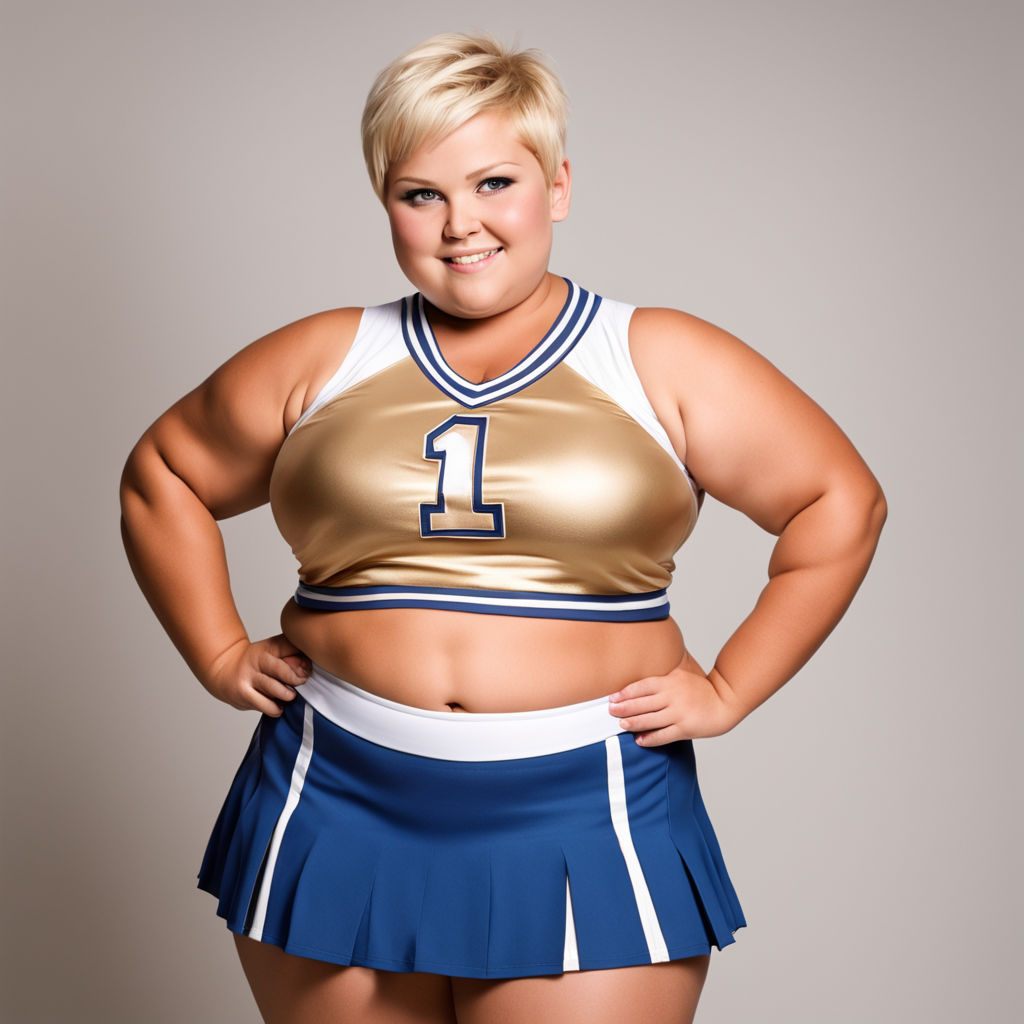 Obese 20 years cheerleader doing a salt with her pom poms raised up her  knees bent and showing her blue underwear under her skirt