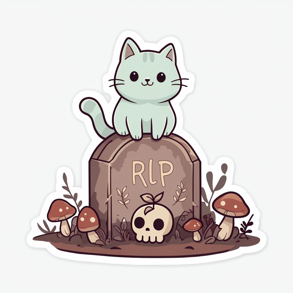 Cute Mint Green Cat on Tombstone with Mushrooms Sticker