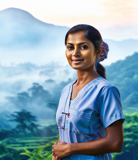 Sri Lankan nurse in vibrant scrubs stands proudly by Rukshan Madhusanka ...