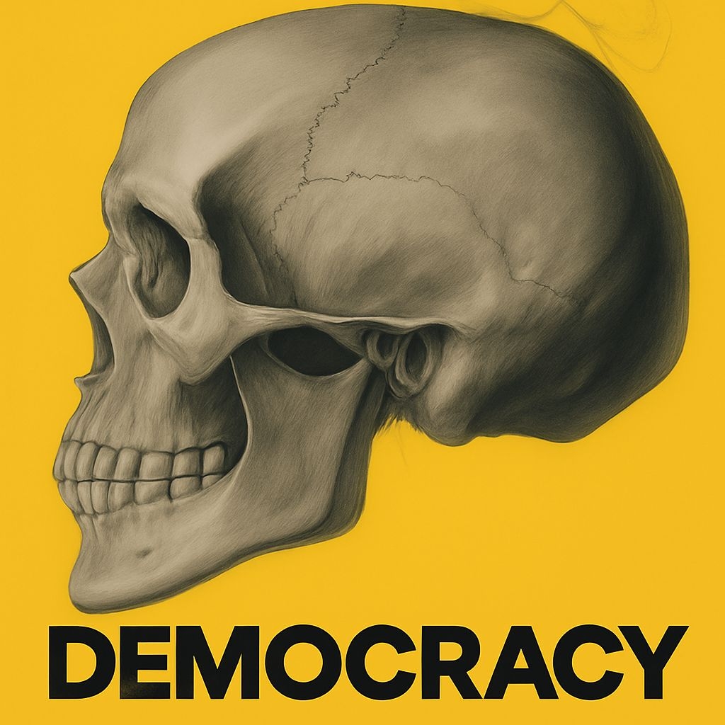 Detailed Skull Illustration with Democracy Text T-Shirt