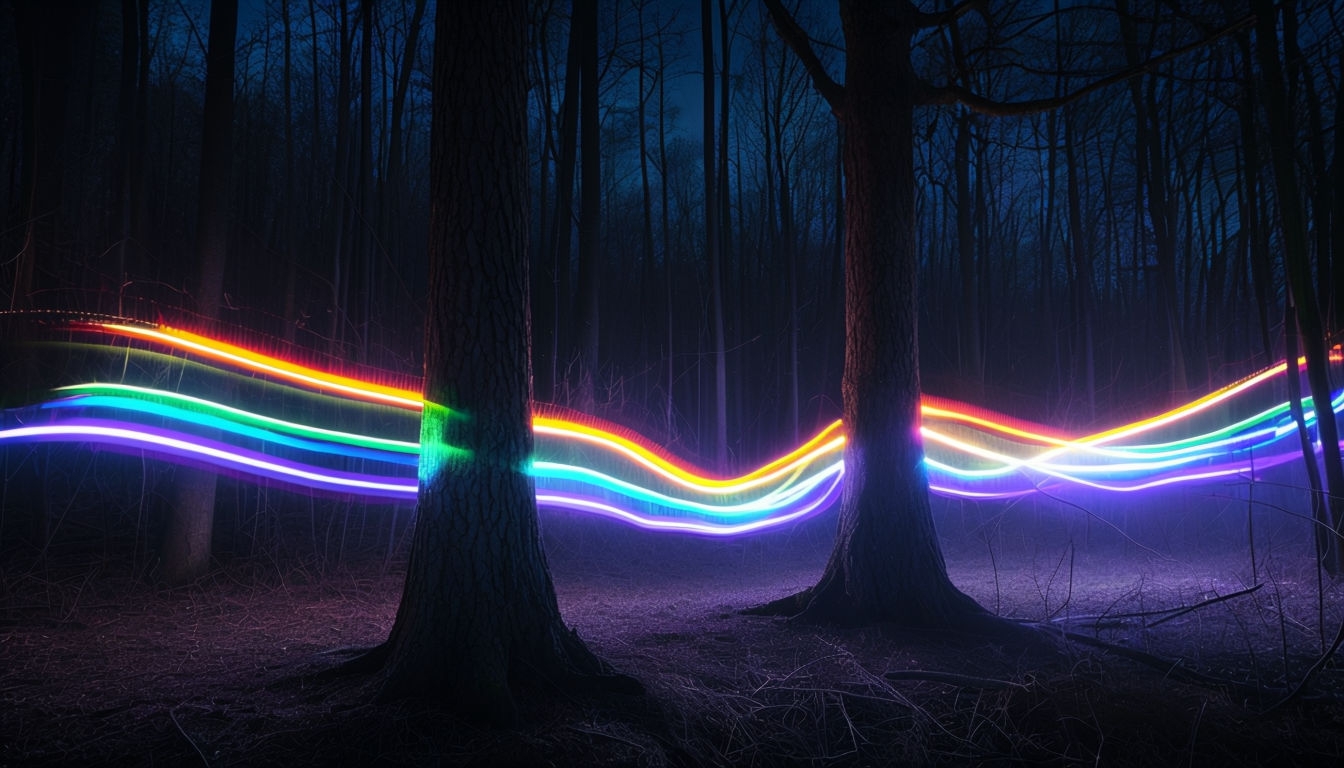 Mystical Forest with Vibrant Light Trails at Night Background