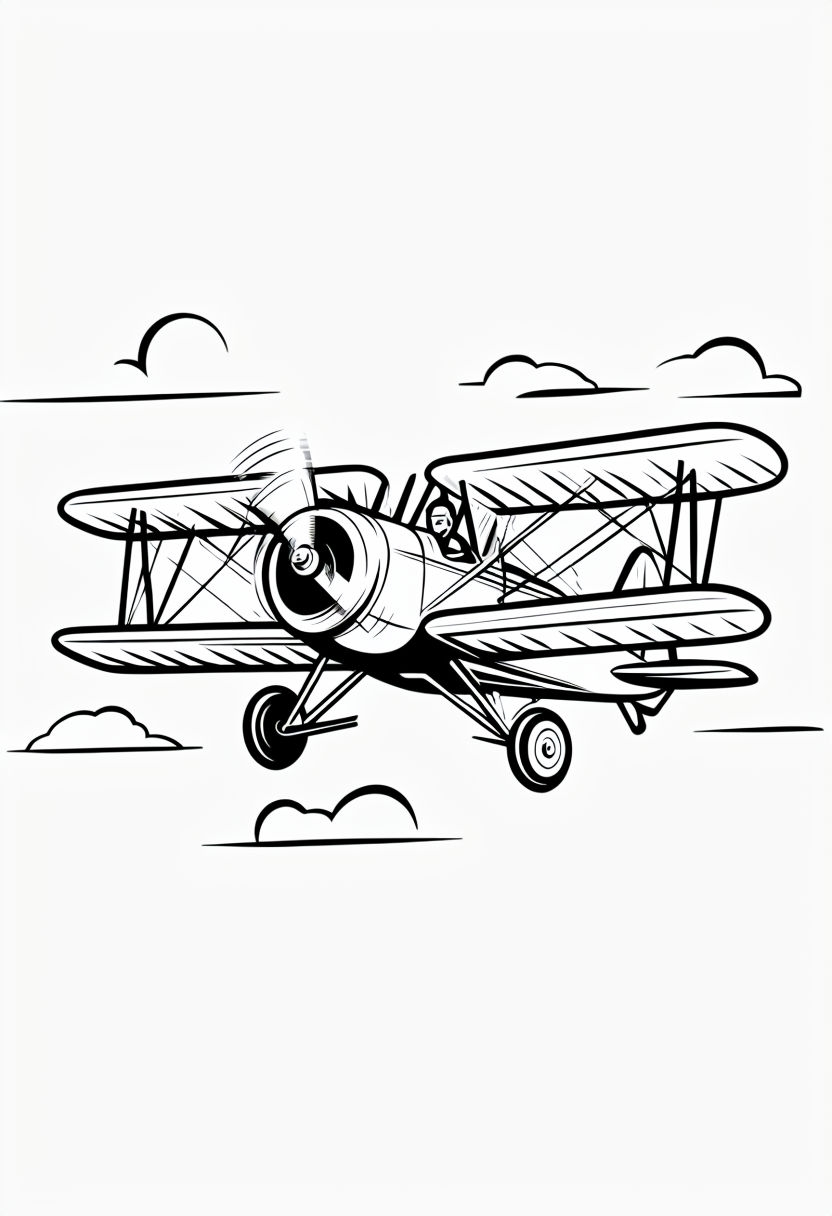 Friendly Biplane Soaring Through the Sky Coloring Book Page