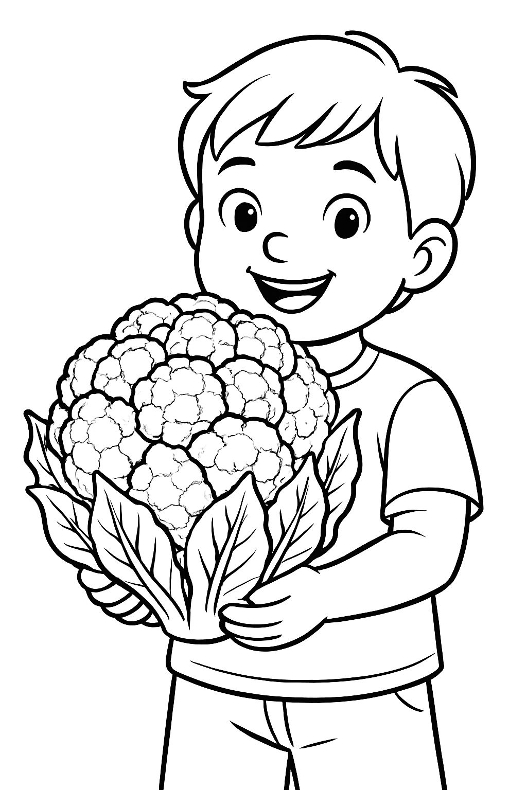 Cheerful Cartoon Boy Holding Cauliflower Coloring Book Page