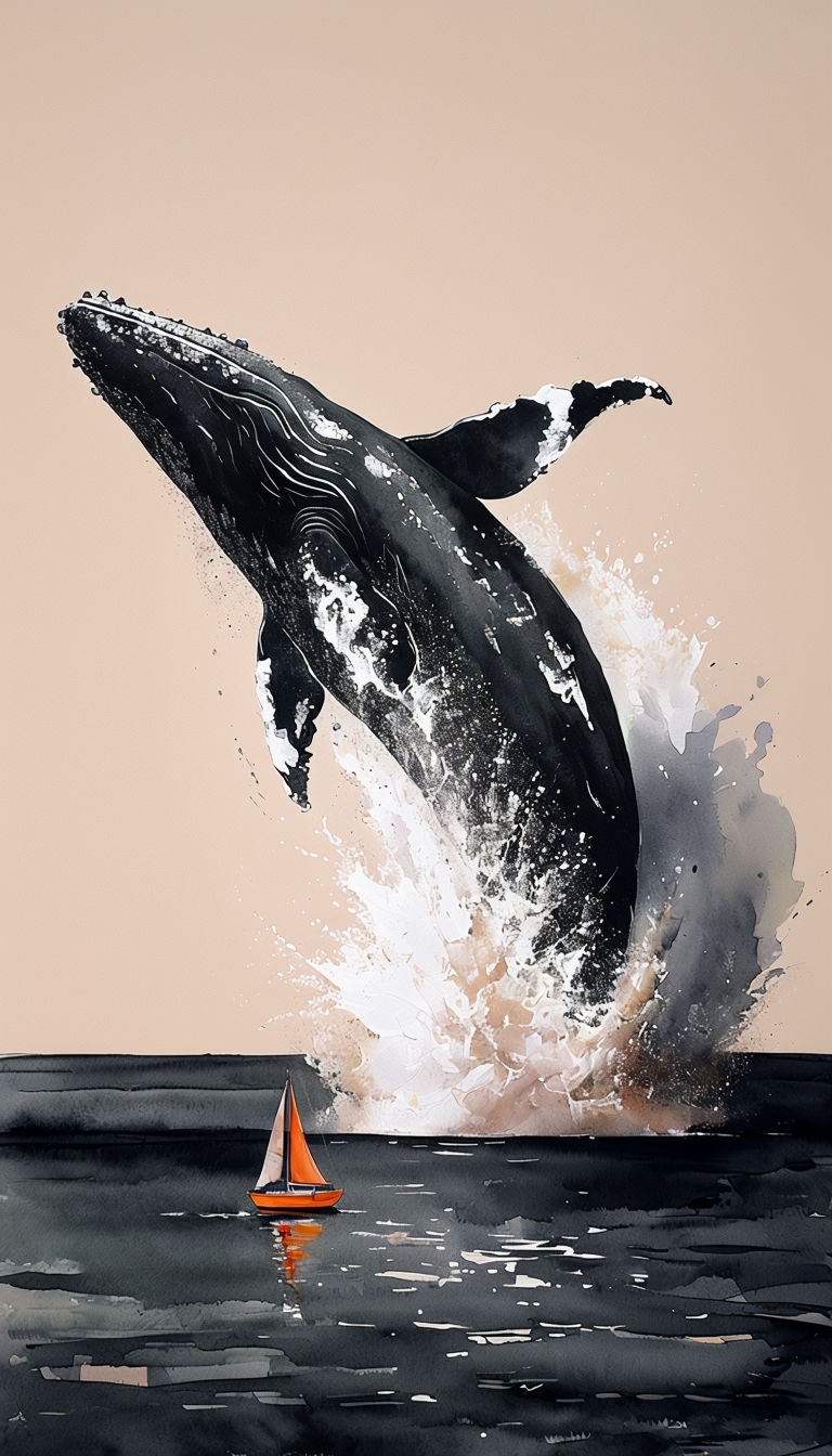 Dramatic Black Whale Breaching Watercolor Painting Mobile Wallpaper