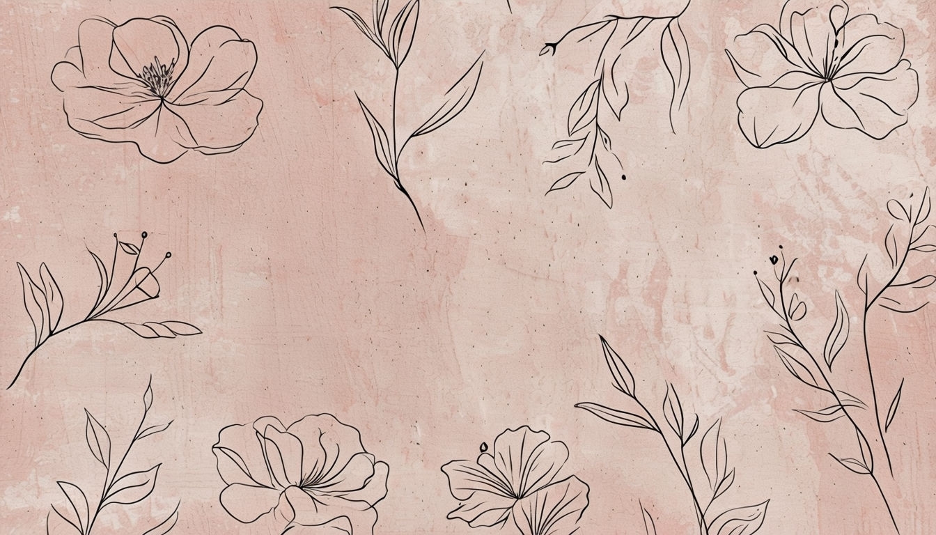 Elegant Hand-Drawn Floral Line Art on Beige Background Virtual Backgrounds