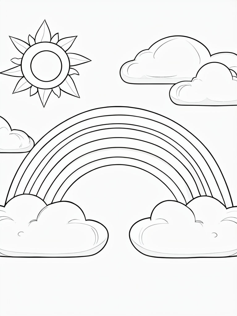 Cheerful Cloud and Rainbow Line Drawing Coloring Page