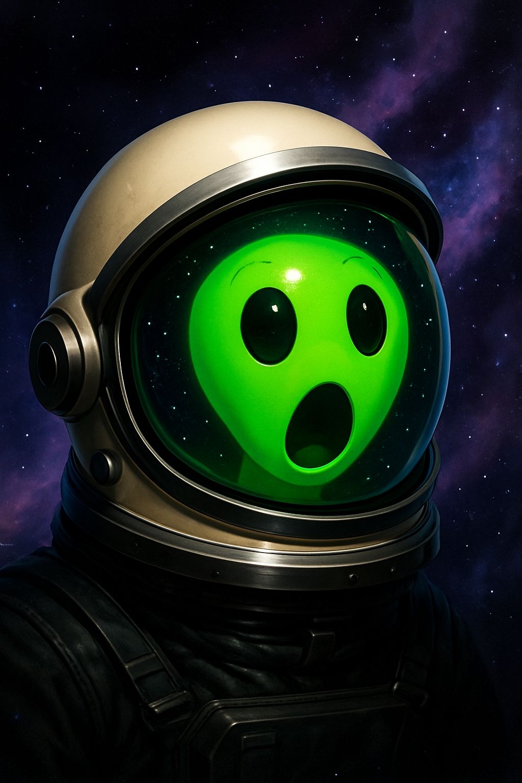Surreal Astronaut Helmet with Neon Alien Face in Space Art