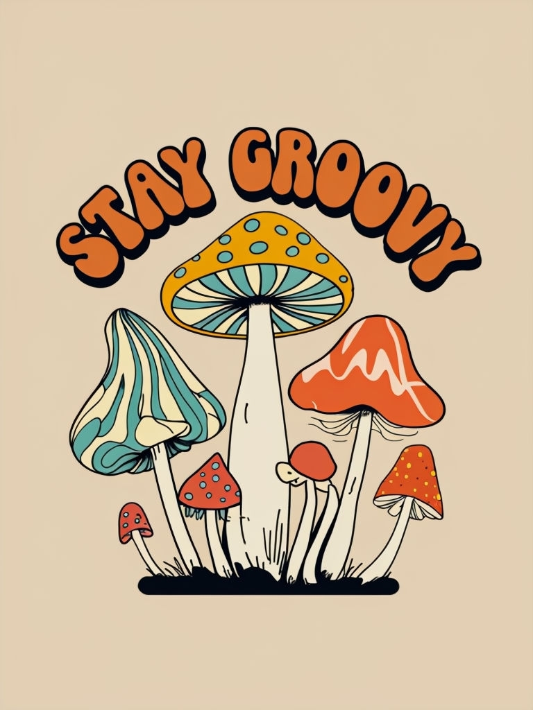 Whimsical Stay Groovy Mushroom Cartoon Illustration Poster