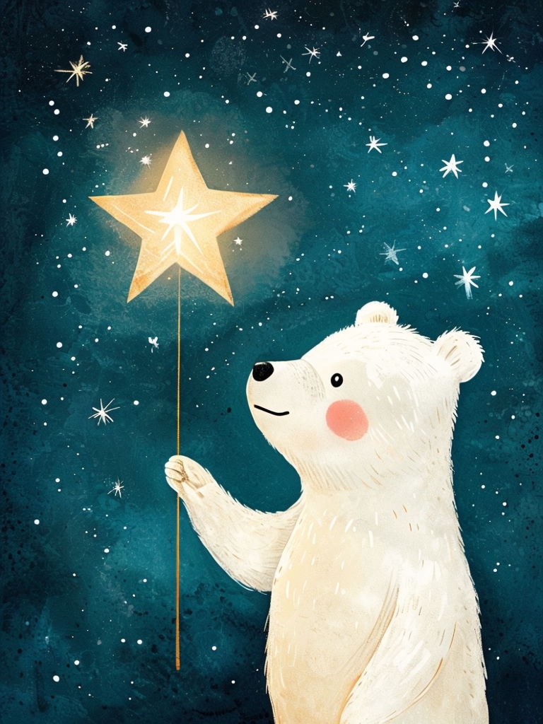 Whimsical White Bear with Star in Dark Teal Night Sky Art