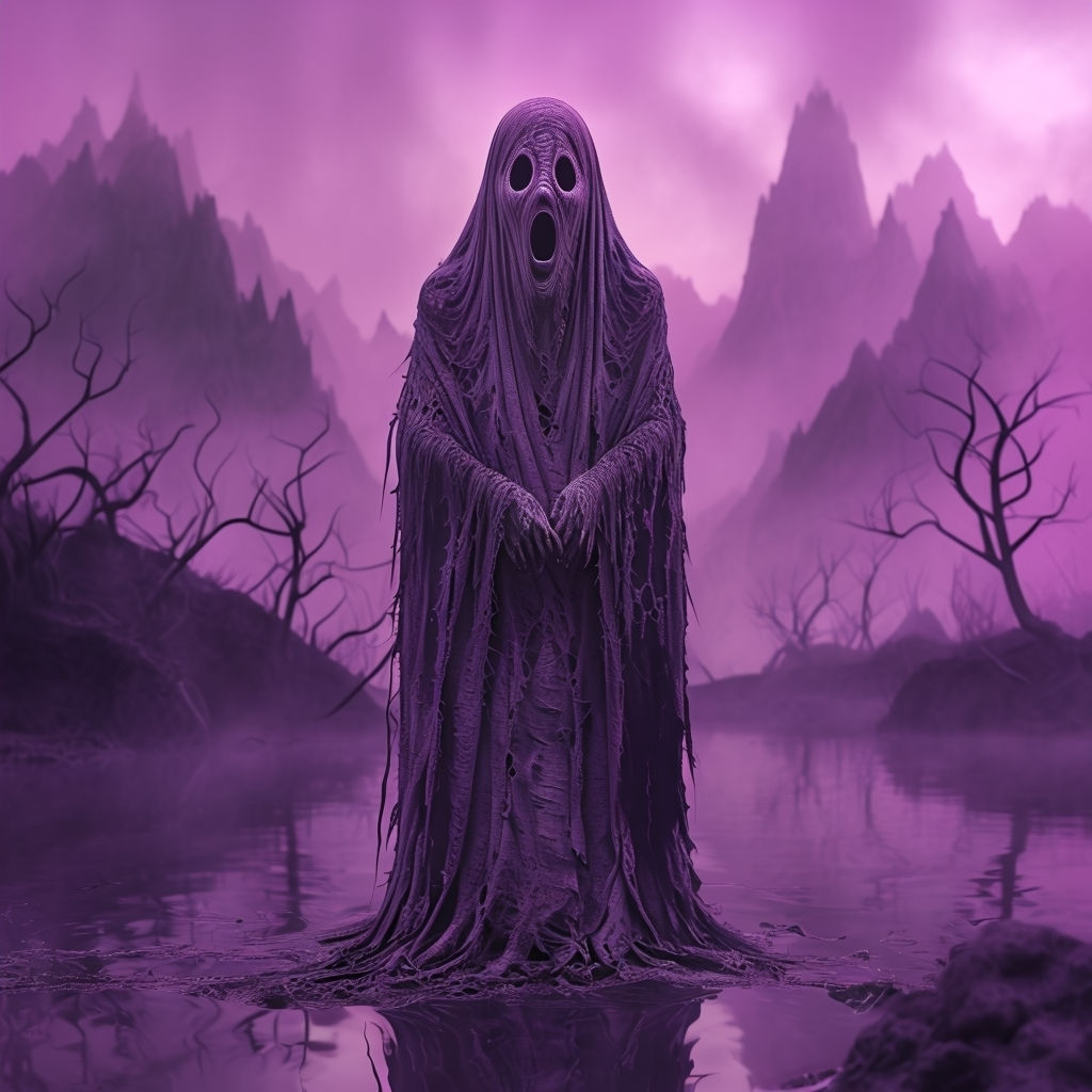 Eerie Ghostly Figure Under Magenta-Pink Sky Art Poster