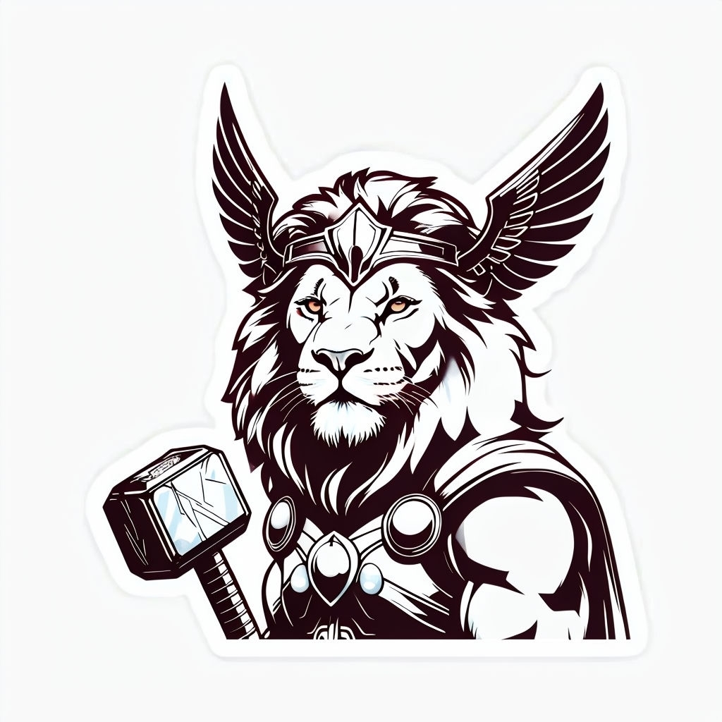 Lion Thor Cartoon Character with Mjölnir Sticker