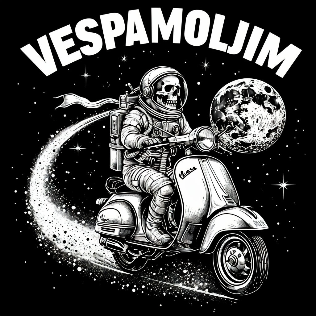 Skeletal Astronaut Riding Vespa Scooter in Space Poster