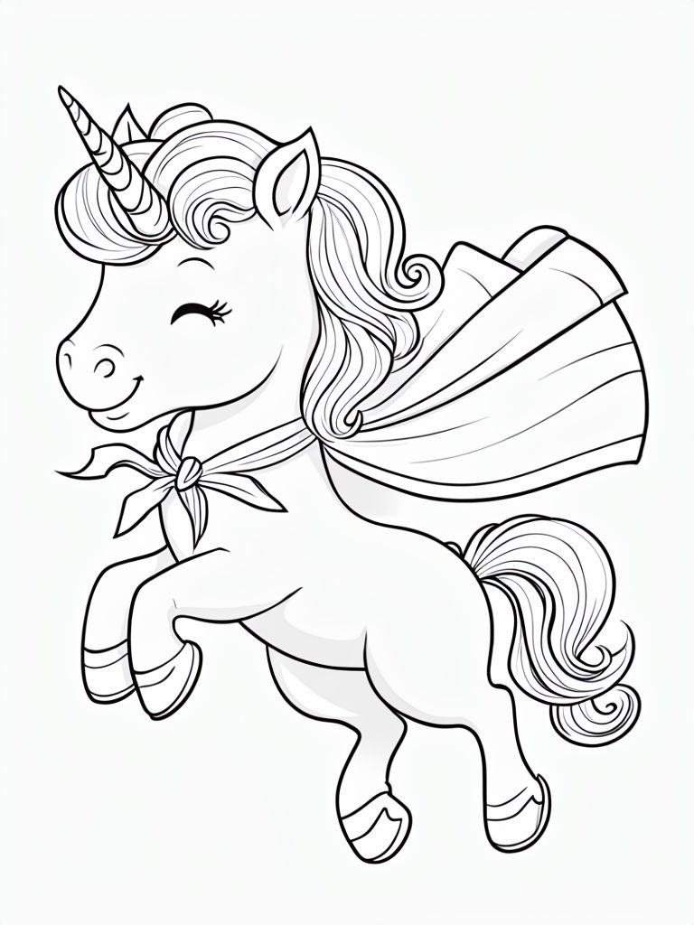 Cheerful Cartoon Unicorn Character Coloring Page for Kids