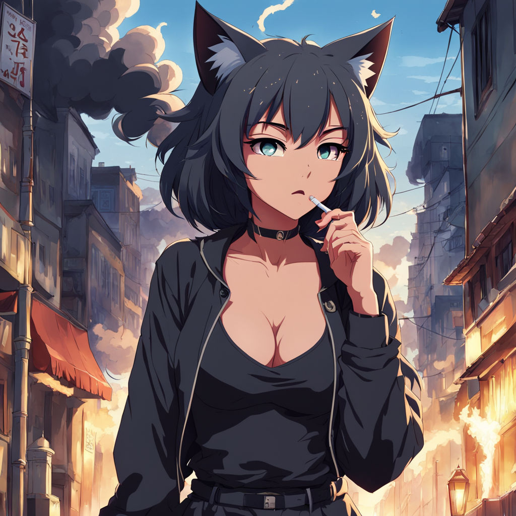 Anime style art catgirl with black hair blue eyes wearing bare midriff  outfit heading to club