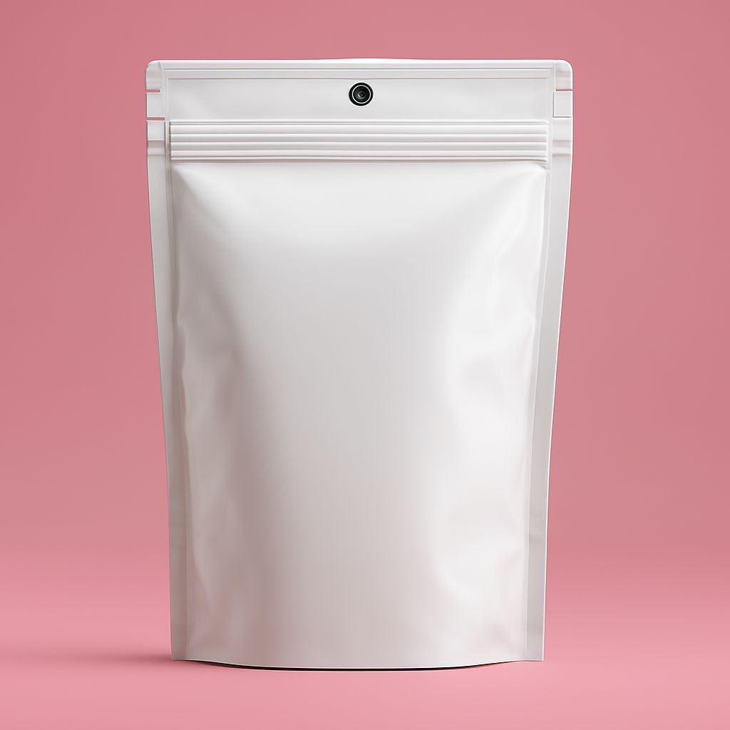 Glossy White Zip-lock Pouch on Soft Pink Background Mockup
