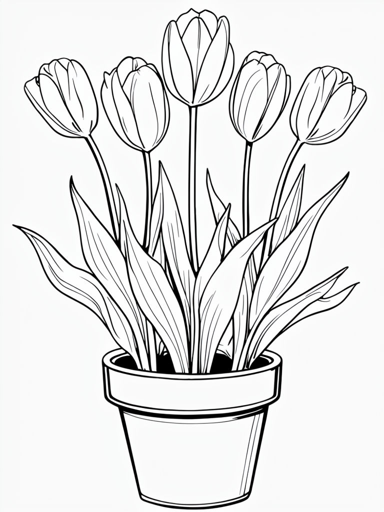 Minimalist Black and White Potted Tulip Plant Illustration Coloring Book Pages