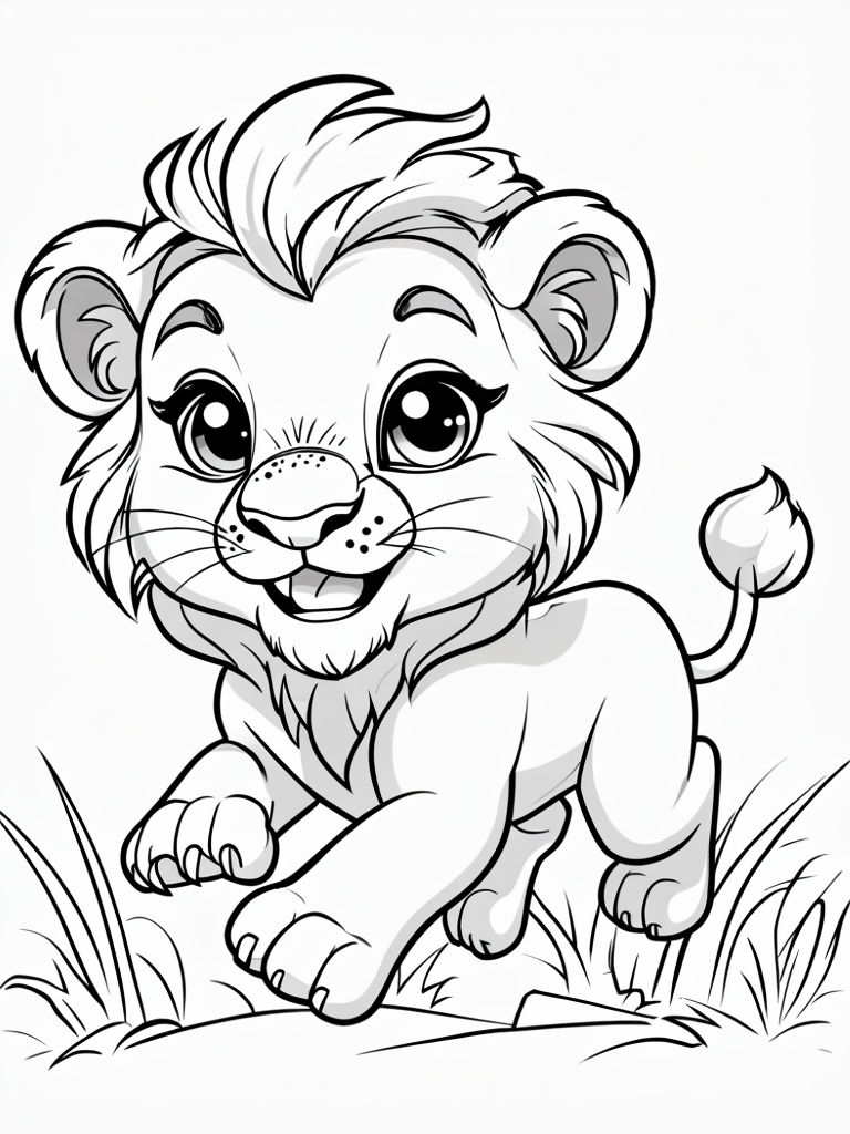 Cheerful Baby Lion Cartoon Illustration for Coloring Book Pages