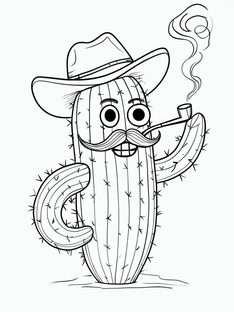 Whimsical Cactus Character Line Art for Coloring Fun Coloring Book Pages