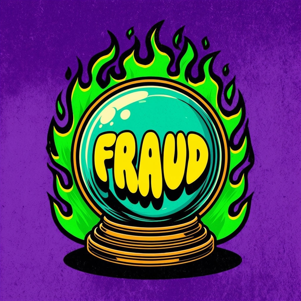 Vibrant Retro Crystal Ball Illustration with Bold Fraud Text Spotify Album Cover