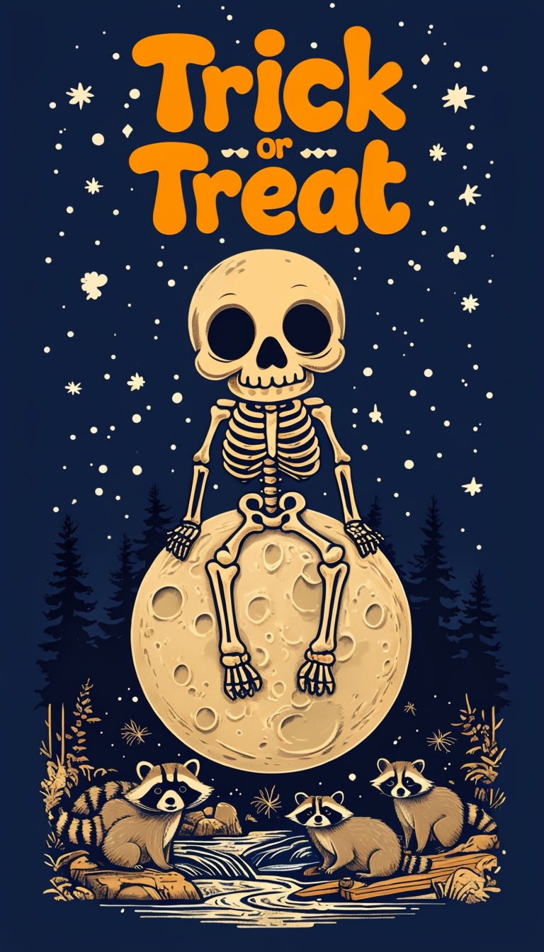 Whimsical Trick or Treat Skeleton and Raccoons Art with Moon Background Poster