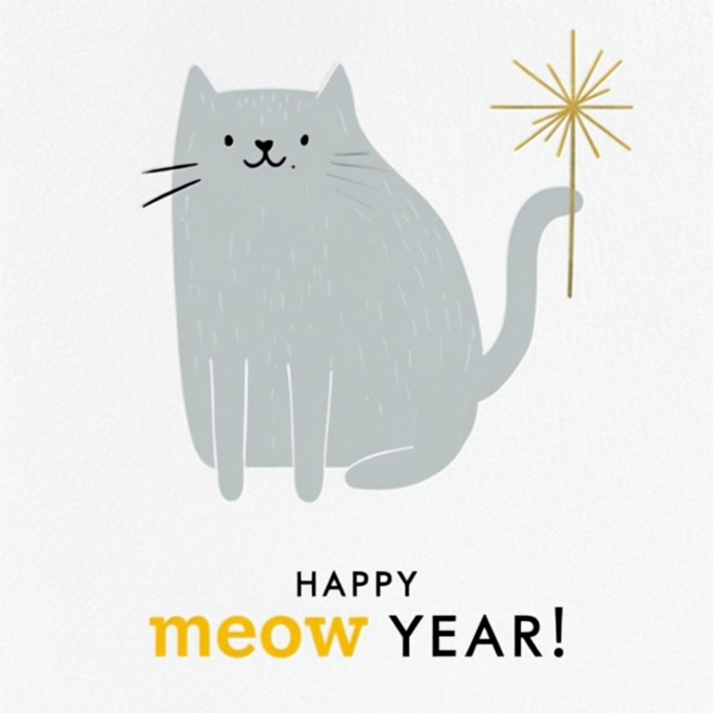 Minimalist Gray Cat with Sparklers Happy Meow Year Card