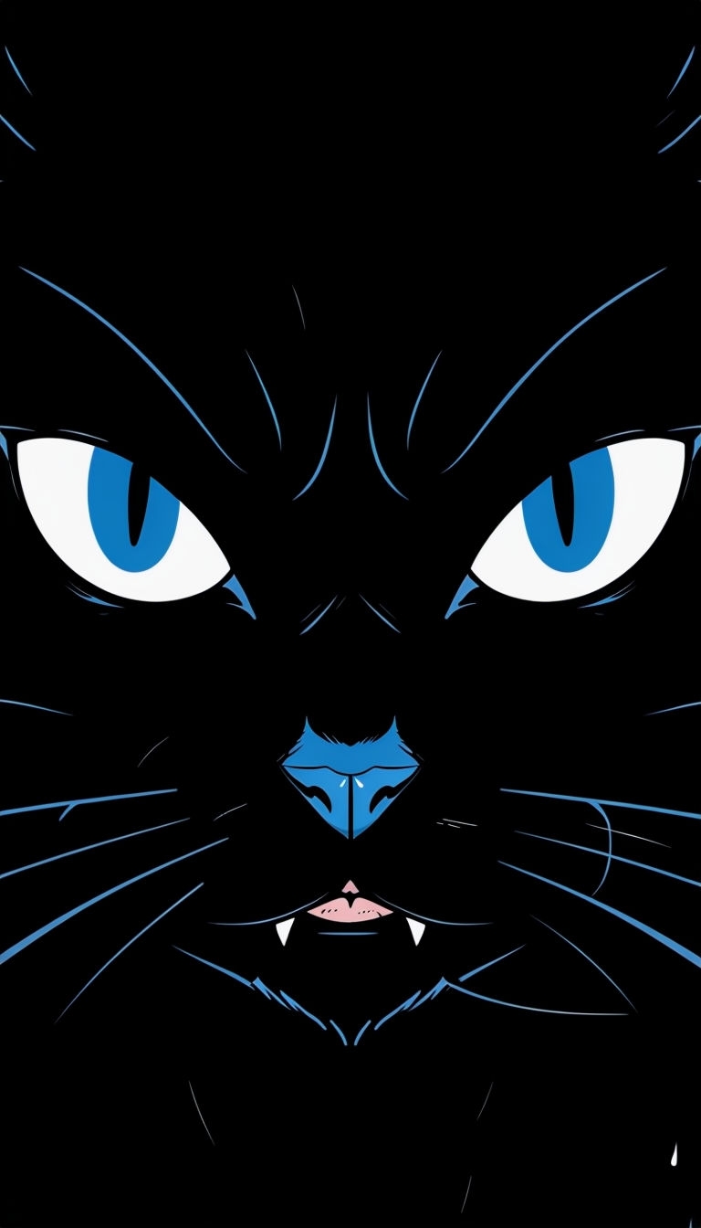 Mystical Black Cat Face Illustration in Minimalist Style Mobile Wallpaper