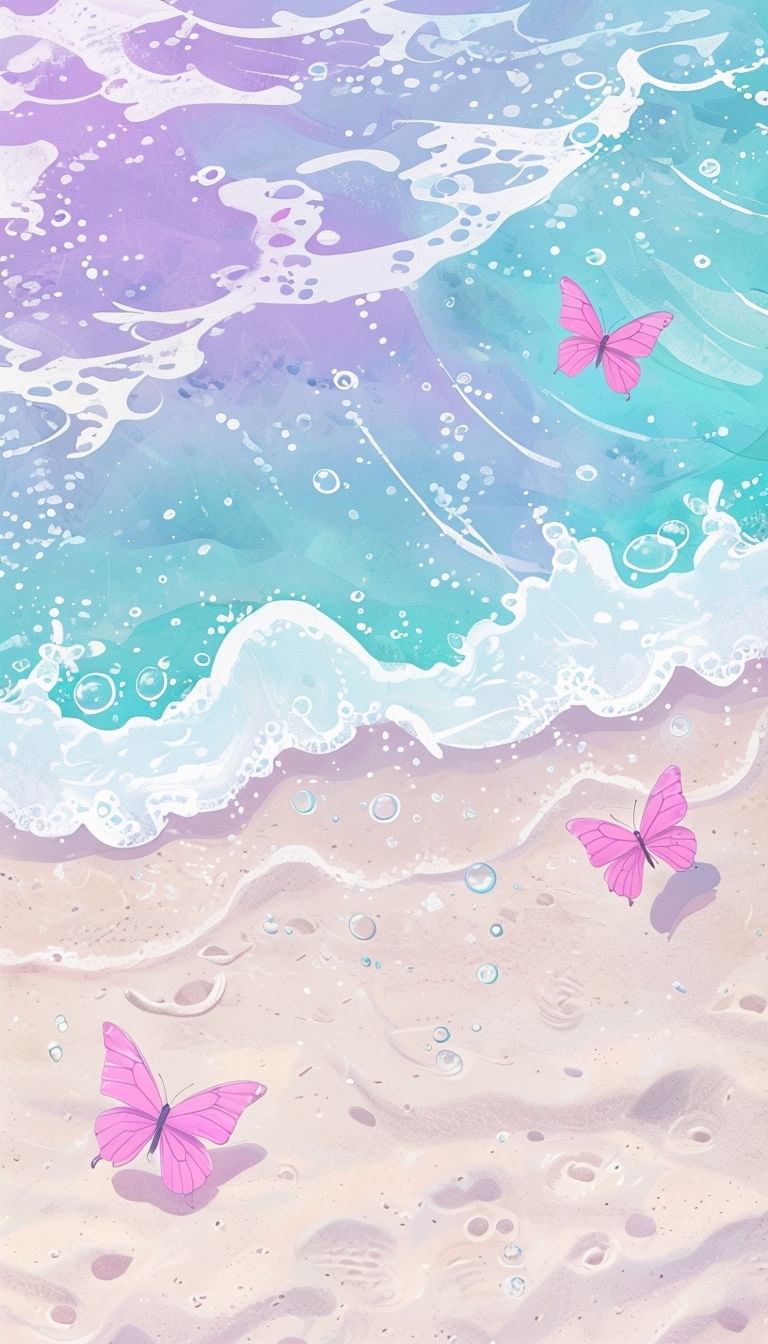 Tranquil Beach Scene with Butterflies in Pastel Colors Mobile Wallpaper