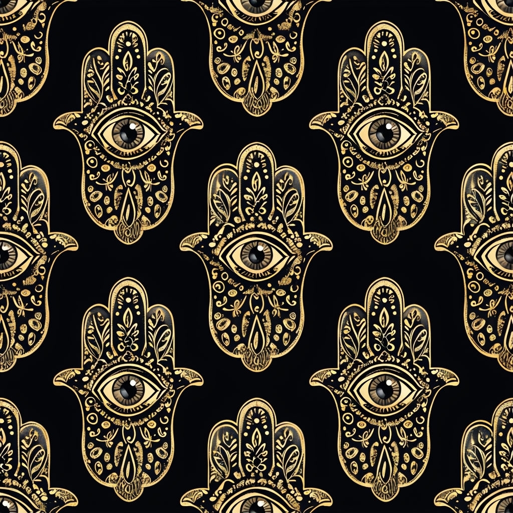 Gold Hamsa Hand Seamless Pattern with Intricate Designs