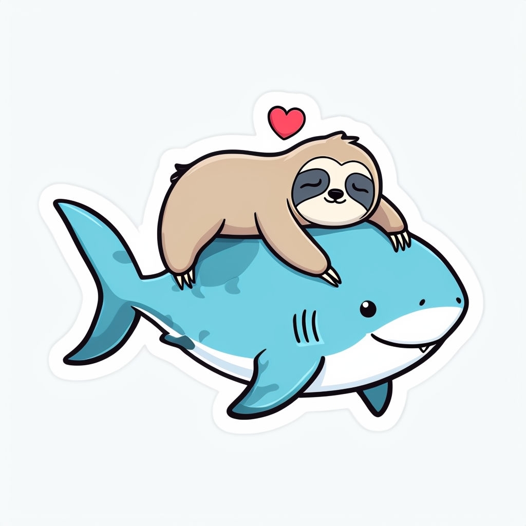 Cute Cartoon Sloth and Shark Affection Sticker