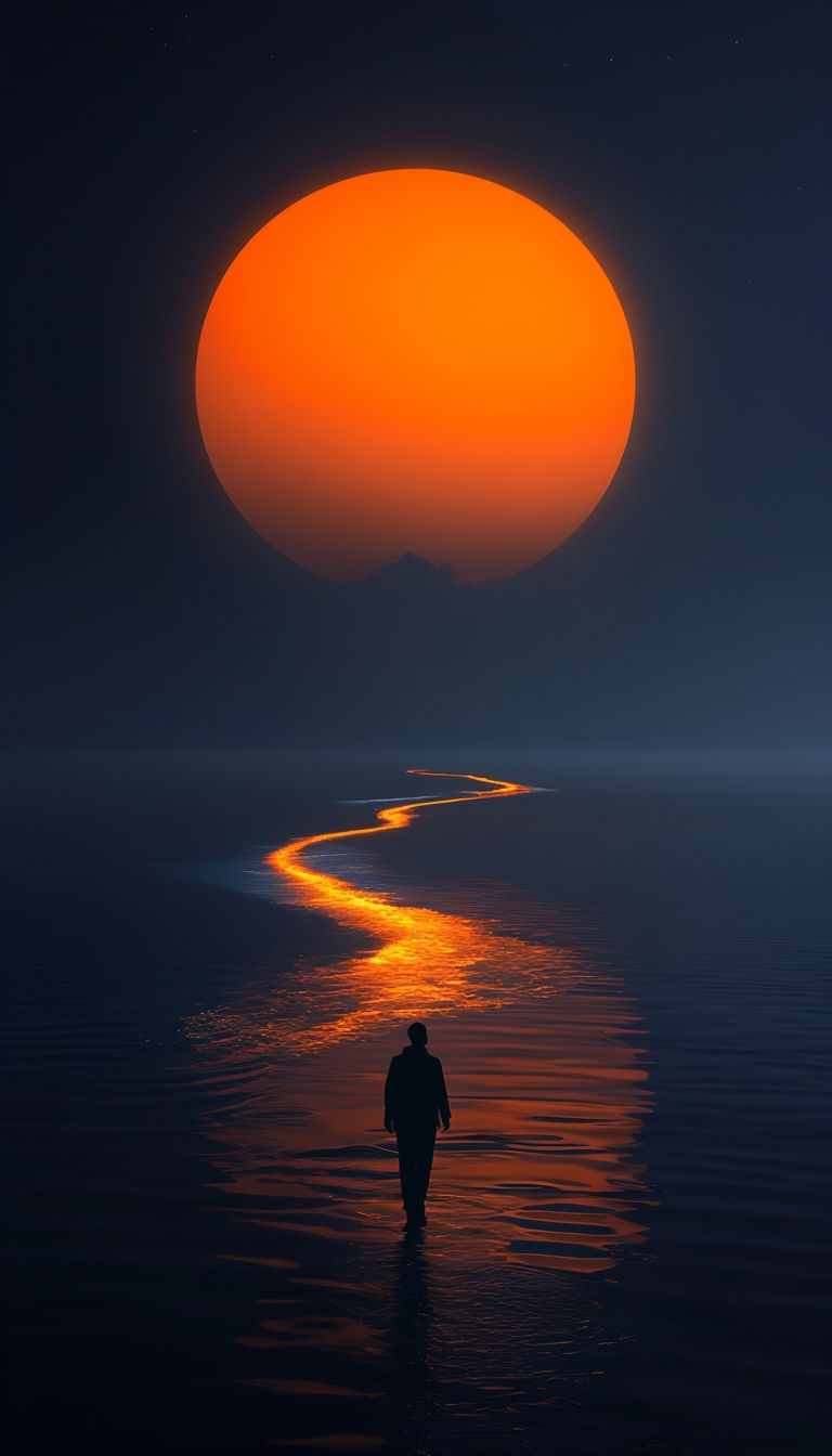 Surreal Orange Halo with Silhouetted Figure Mobile Wallpaper