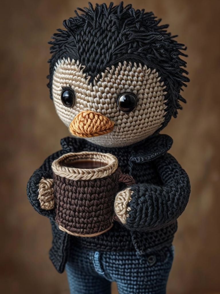 Charming Crocheted Penguin Doll with Yarn Coffee Mug Art