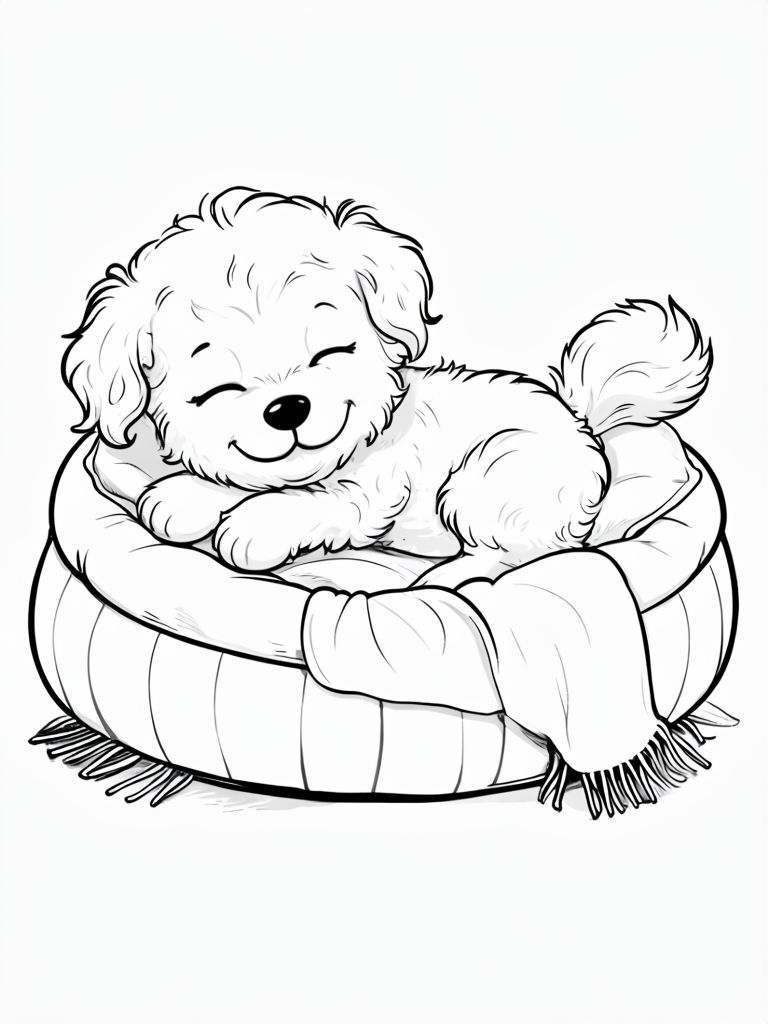 Fluffy Cartoon Puppy Relaxing in Cozy Pet Bed Coloring Book Page