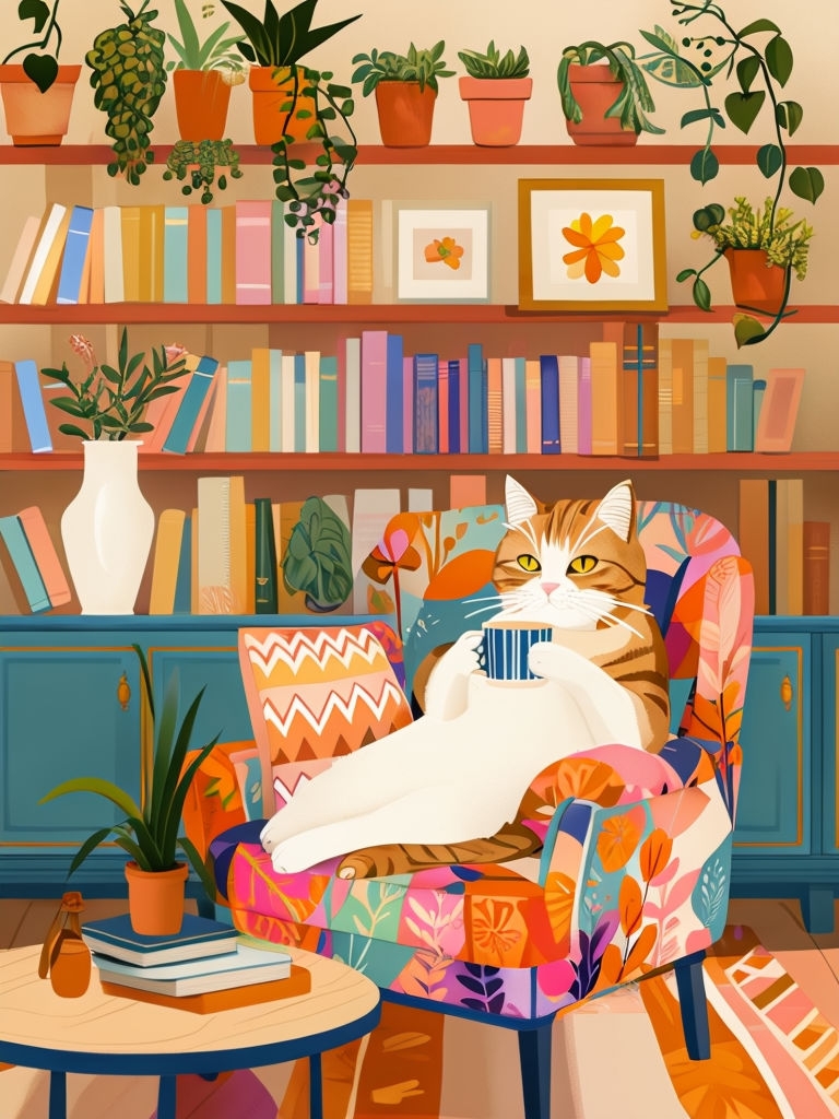 Cozy Tabby Cat on Colorful Armchair Indoor Illustration Art