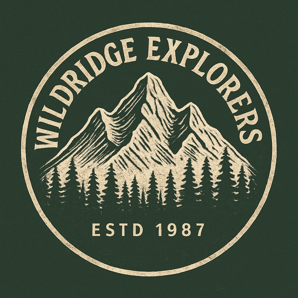 Vintage Wildridge Explorers Mountain Logo Design in Retro Style