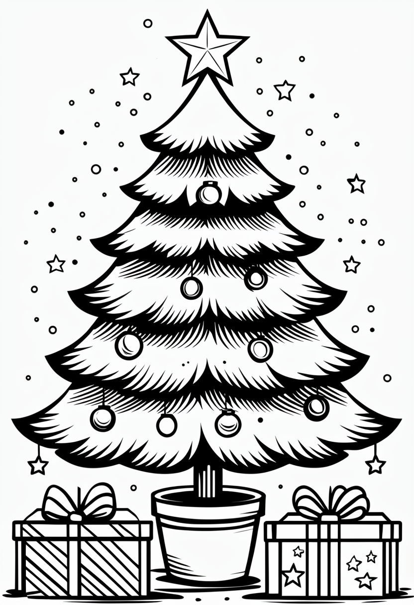 Festive Black and White Christmas Tree Line Drawing for Coloring Book Pages