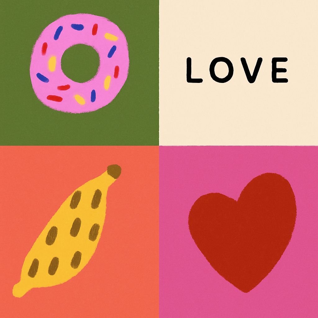 Vibrant Minimalist Four Square Design with Food and Love Elements Seamless Pattern