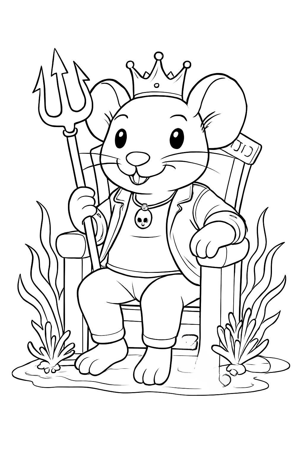 Cheerful Anthropomorphic Mouse on Throne Coloring Book Page
