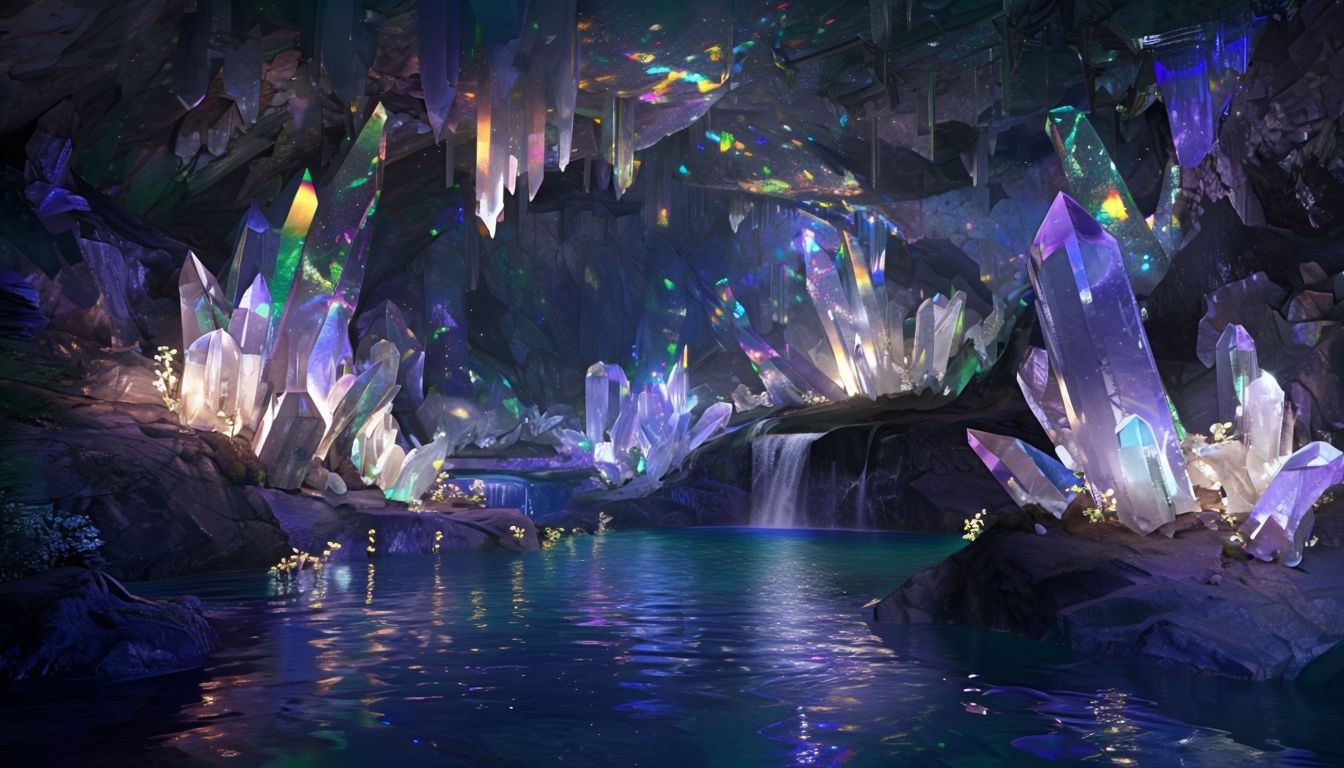 Dazzling Crystal Cavern with Tranquil Lake Art