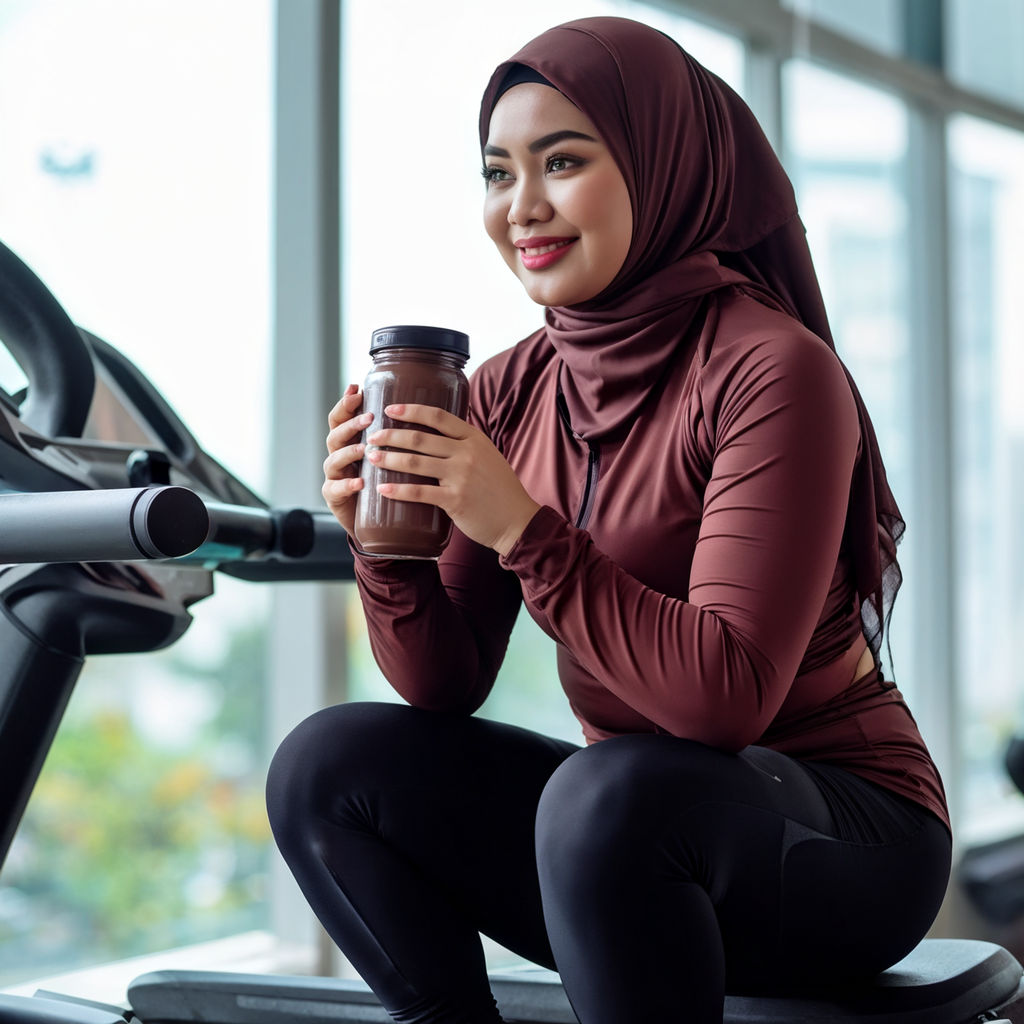 A woman in a hijab and sprots dress with colorful and tight sports bra and  shorts on her legs