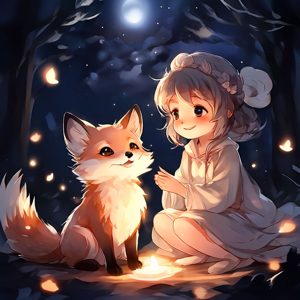 Anime fluff cute fox with kid