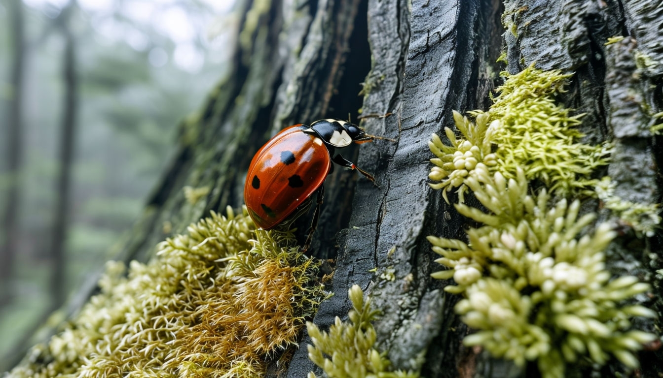 Vibrant Red Ladybug on Tree Bark with Textured Moss Background