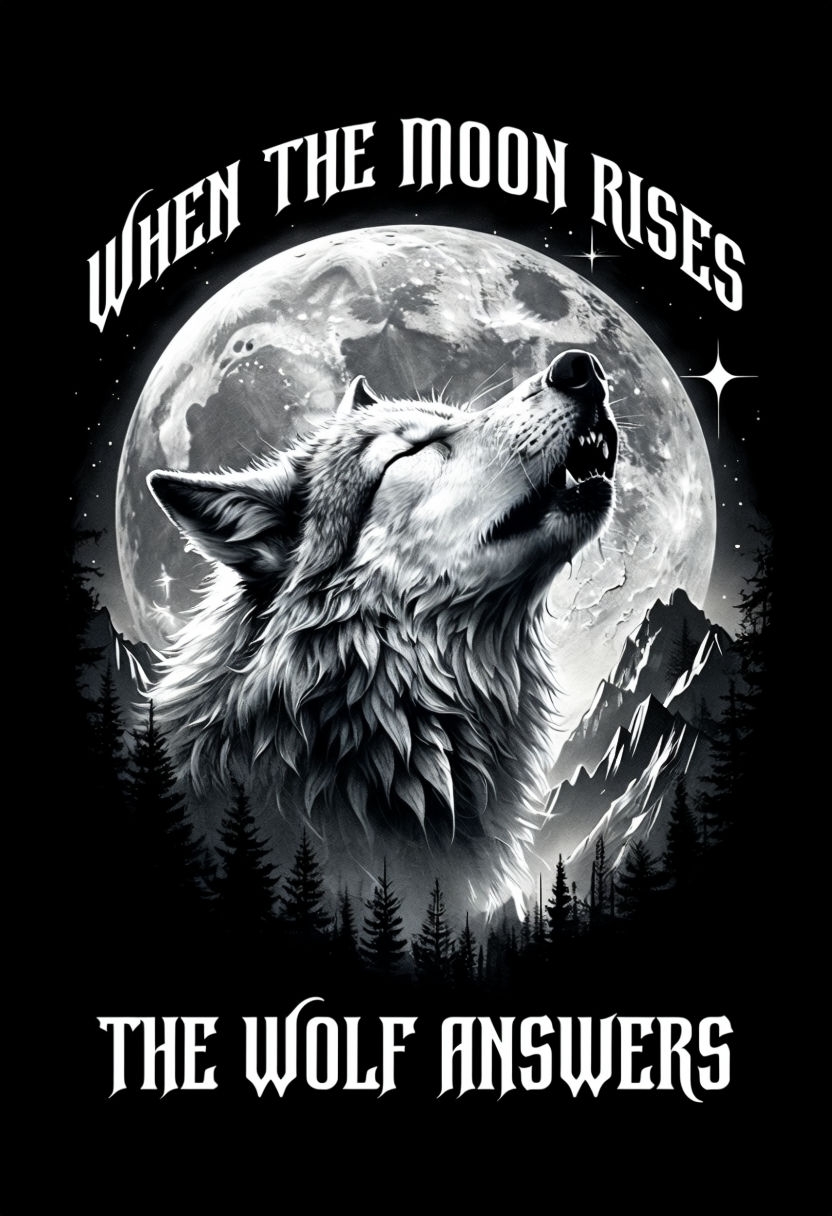 Majestic Wolf Howling at Moon with Gothic Text T-Shirt