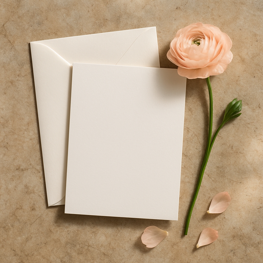 Elegant Minimalist Ivory Envelope and Peach Ranunculus Mockup