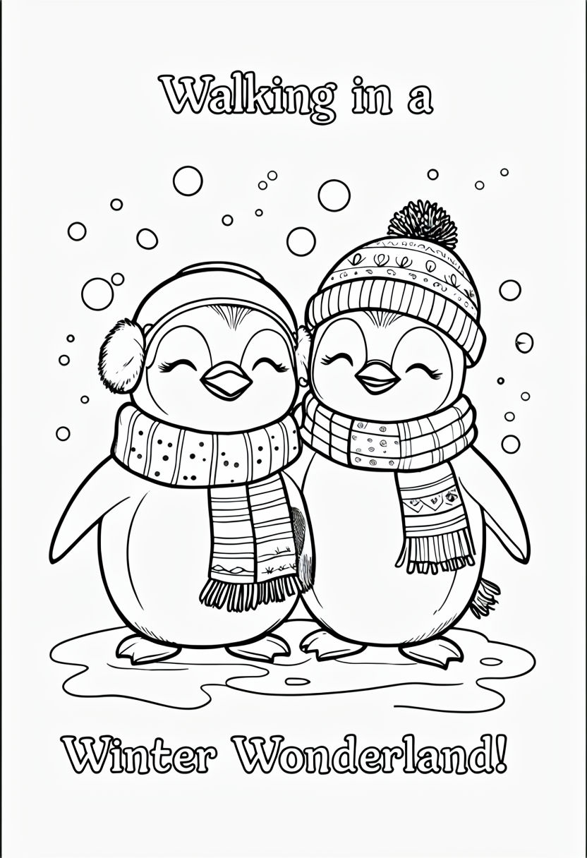 Cheerful Penguins in Winter Wonderland Coloring Book Page