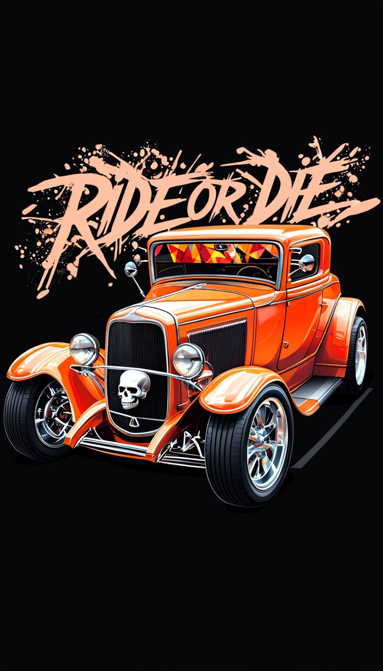 Vibrant Orange Hot Rod Car with Ride or Die Graffiti Art Poster