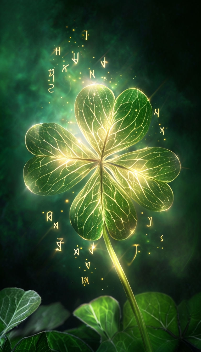 Ethereal Golden Four-Leaf Clover with Celtic Runes Mobile Wallpaper