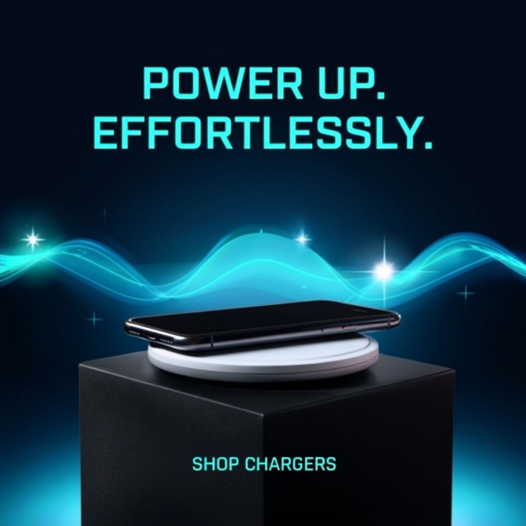 Modern Minimalist Wireless Charging Pad Ad with Digital Background